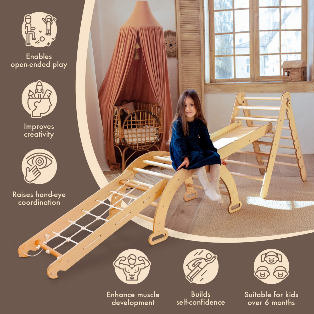 4in1 Montessori Climbing Frame Set: Triangle Ladder + Arch/Rocker + Slide Board/Ramp + Netting rope by Goodevas