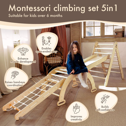 4in1 Montessori Climbing Set: Triangle Ladder + Arch/Rocker + Slide Board/Ramp + Climbing Net – Beige by Goodevas