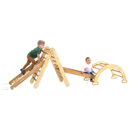 4in1 Montessori Climbing Set: Triangle Ladder + Arch/Rocker + Slide Board/Ramp + Climbing Net – Beige by Goodevas