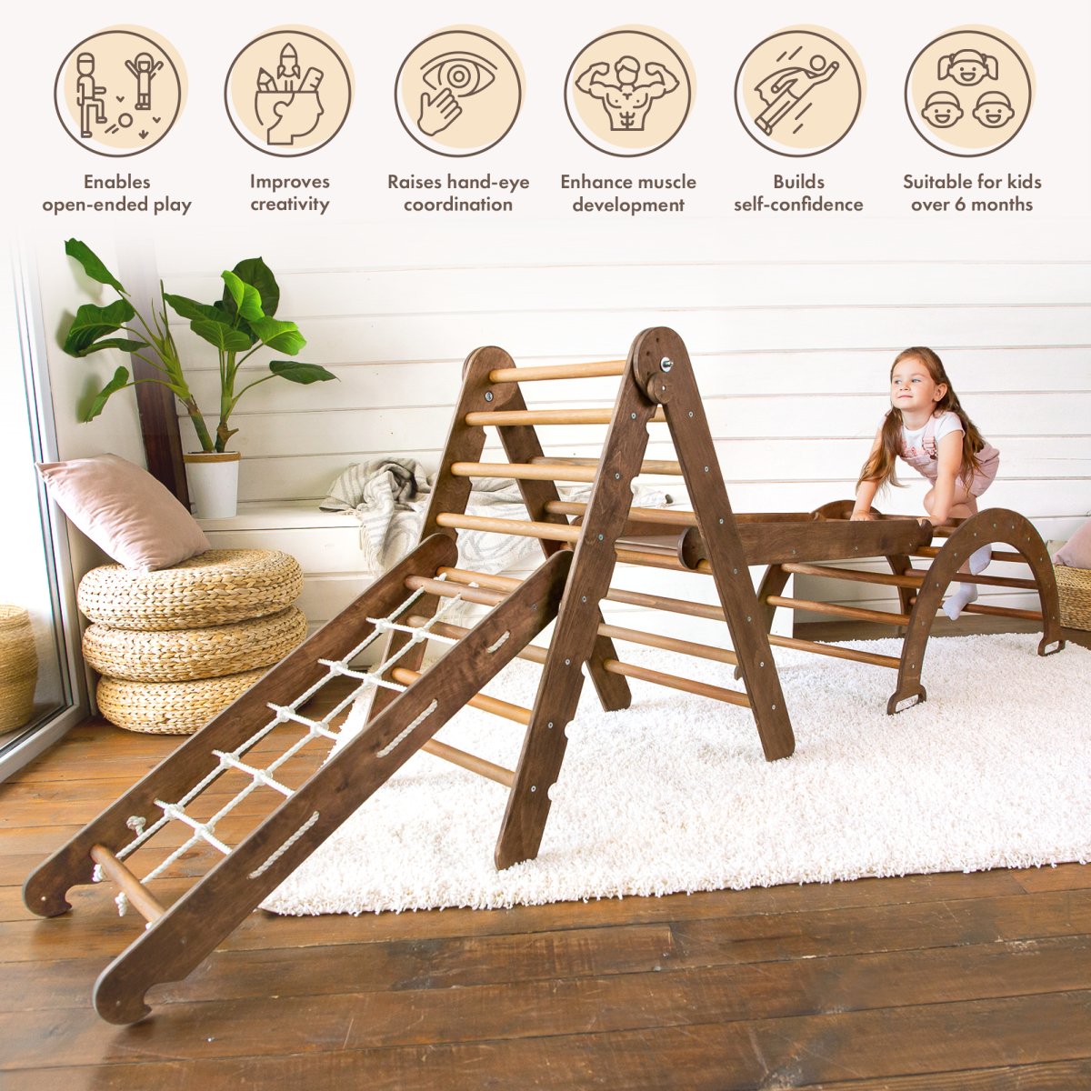 4in1 Montessori Climbing Set: Triangle Ladder + Arch/Rocker + Slide Board/Ramp + Net – Chocolate by Goodevas