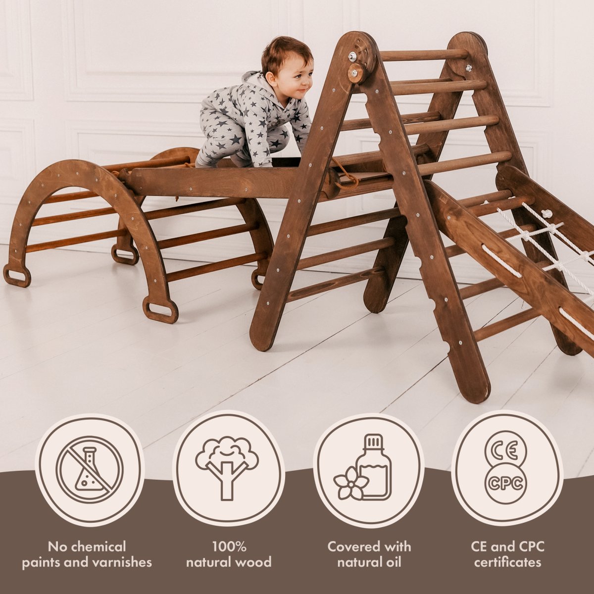 4in1 Montessori Climbing Set: Triangle Ladder + Arch/Rocker + Slide Board/Ramp + Net – Chocolate by Goodevas