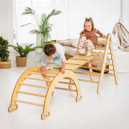 4in1 Montessori Climbing Set: Triangle Ladder + Climbing Arch + Slide Board + Cushion Beige by Goodevas