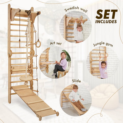 4in1 Wooden Swedish Wall / Climbing ladder for Children + Swing Set + Slide Board + Art Add-on by Goodevas