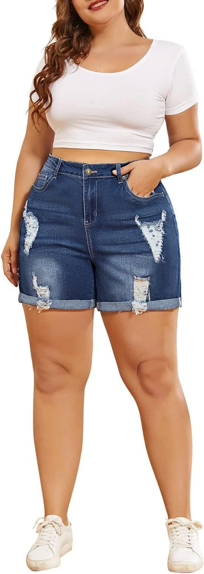 Women'S plus Size Denim Shorts High Waist Ripped Distressed Stretch Jean Shorts