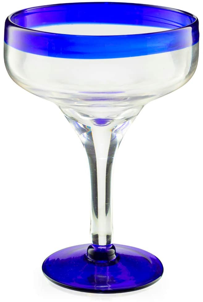 Hand Blown Blue Rim Mexican Glass 16oz Set of 4