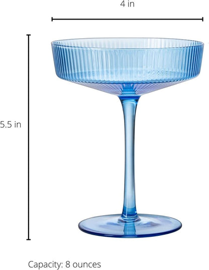 Blue Ribbed Coupe Cocktail Glasses 8oz Set of 2