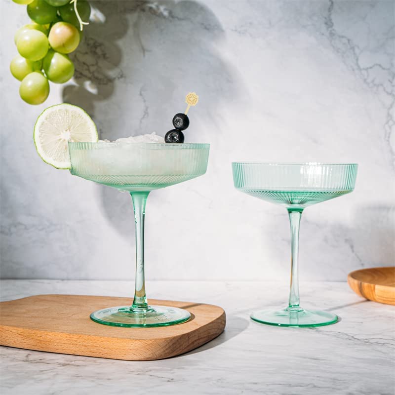 Green Ribbed Coupe Cocktail Glasses 8oz Set of 2