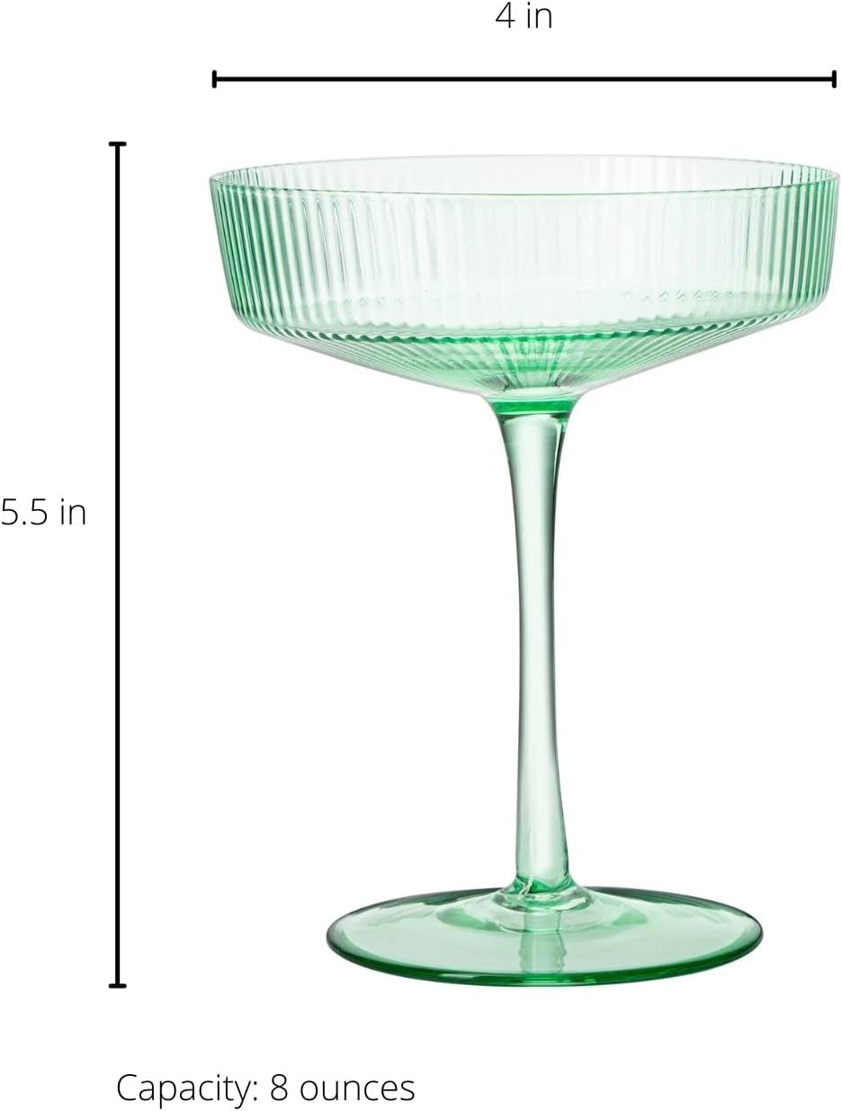 Green Ribbed Coupe Cocktail Glasses 8oz Set of 2