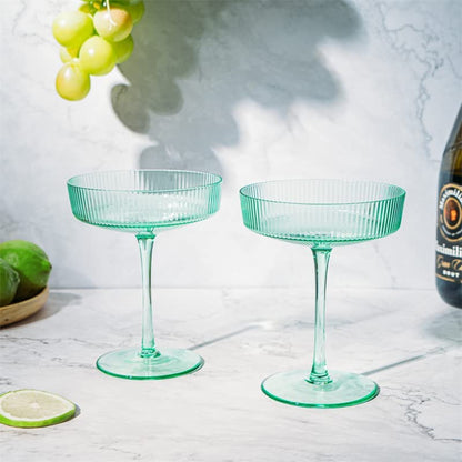 Green Ribbed Coupe Cocktail Glasses 8oz Set of 2