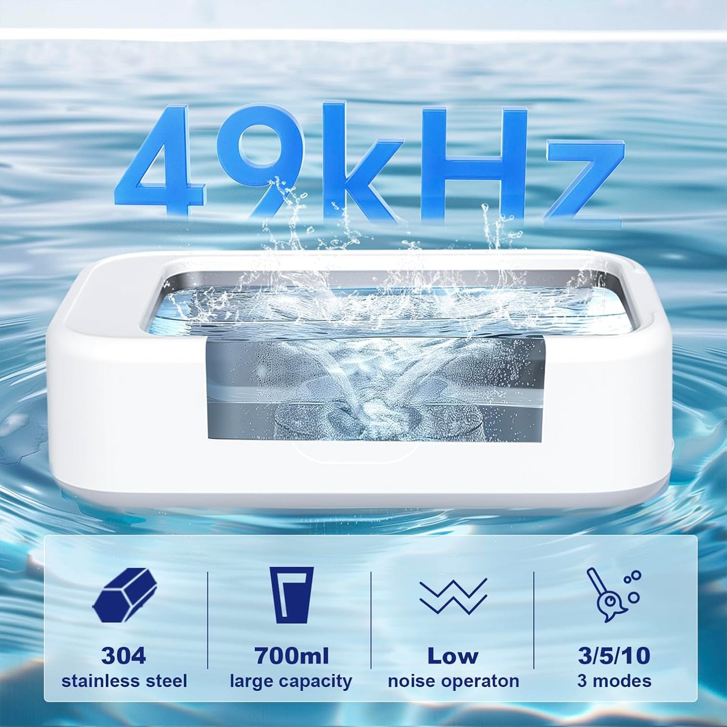 Ultrasonic Jewelry Ring Cleaner, 700Ml(24Oz), 49Khz, 48W,Multiple Digital Display Modes Convenient Jewelry Cleaner for Jewelry, Eyeglasses, Keys, Combs, Coins, Razor Heads