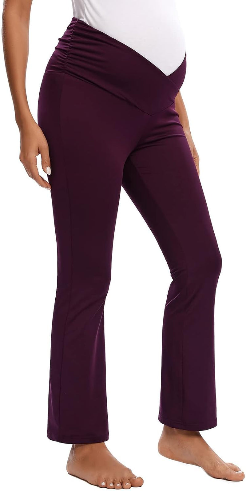 Maternity Pants for Women Bootcut Leg Pregnant Yoga Pants under the Belly for Workout, Office Purple