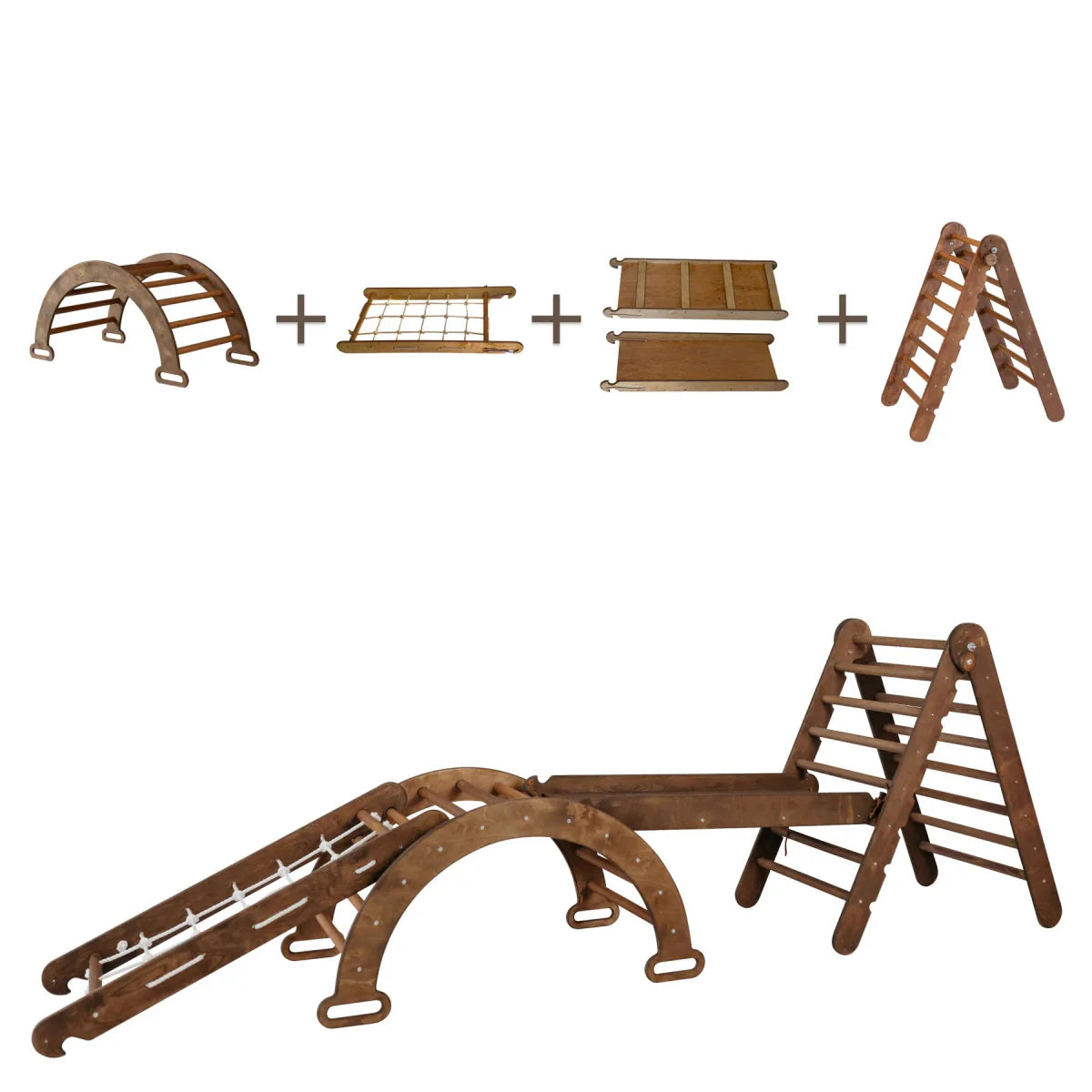 5in1 Montessori Climbing Set: Triangle Ladder + Arch/Rocker + Slide Board/Ramp + Net + Cushion – Chocolate by Goodevas