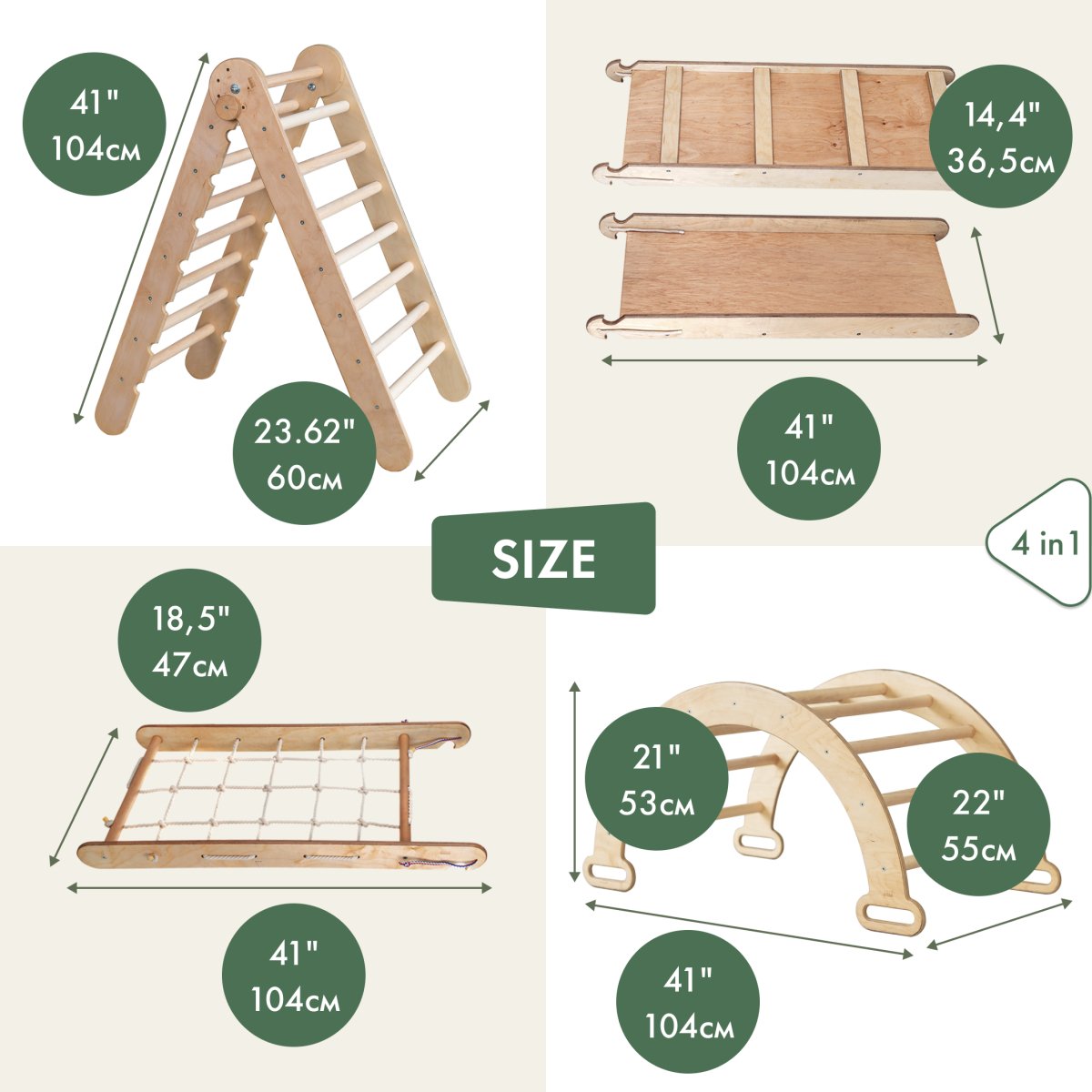 5in1 Montessori Climbing Set: Triangle Ladder + Climbing Arch + Slide Board + Climbing Net + Art Addition by Goodevas