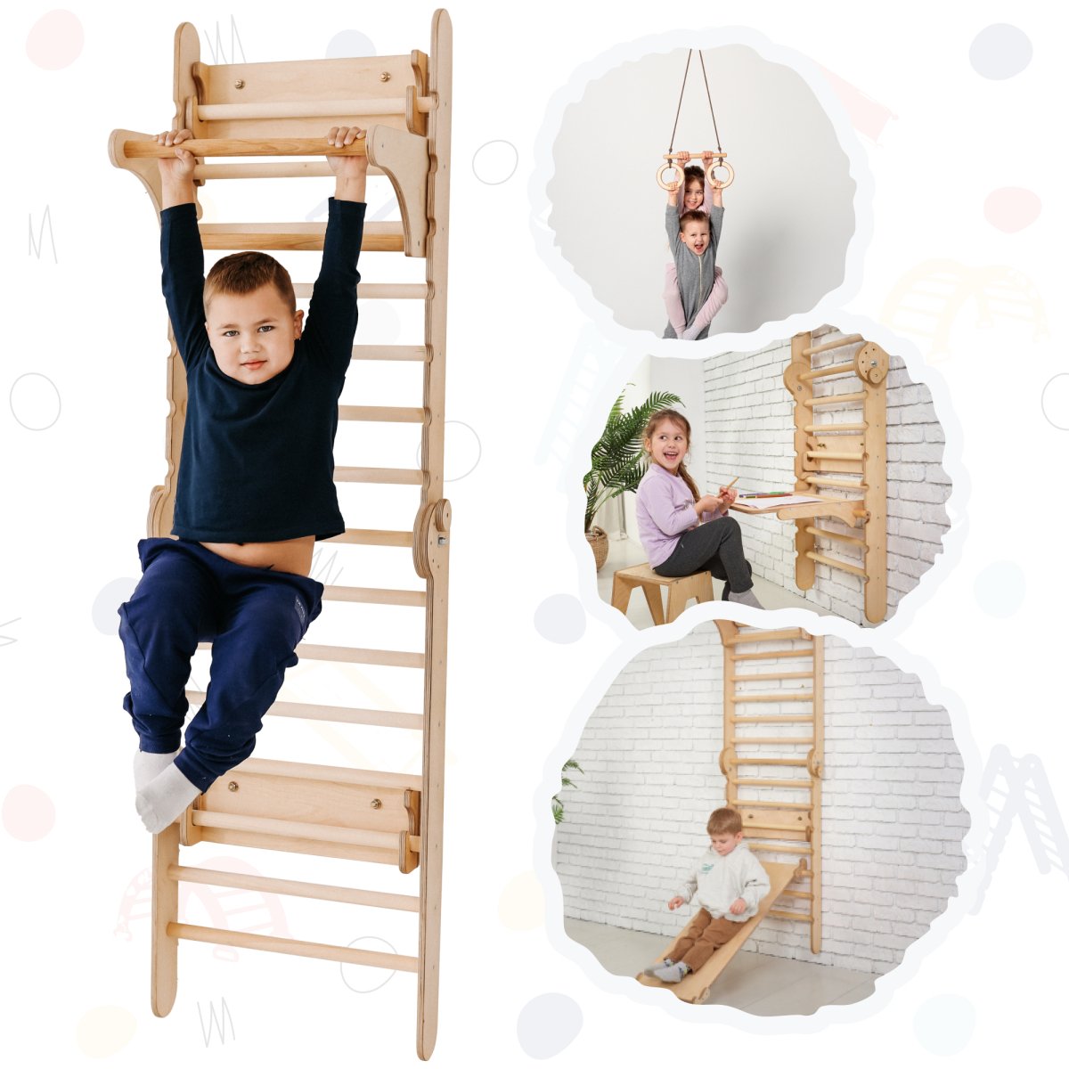 4in1 Wooden Swedish Wall / Climbing ladder for Children + Swing Set + Slide Board + Art Add-on by Goodevas