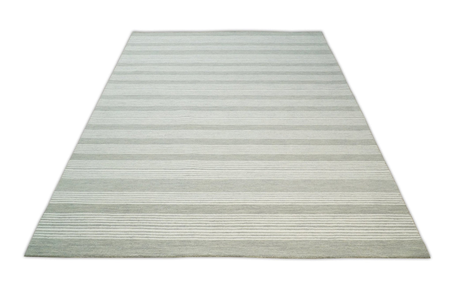 Modern Stripes Pattern Grey and Ivory Hand Tufted Wool Area Rug