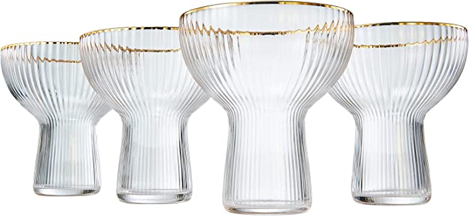 Ribbed Margarita Glasses with Gold Rim 10oz Set of 4