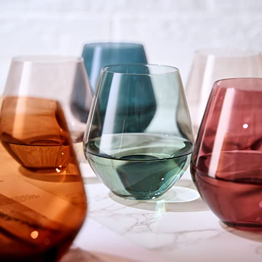 Pastel Colored Stemless Crystal Wine Glass Set of 6