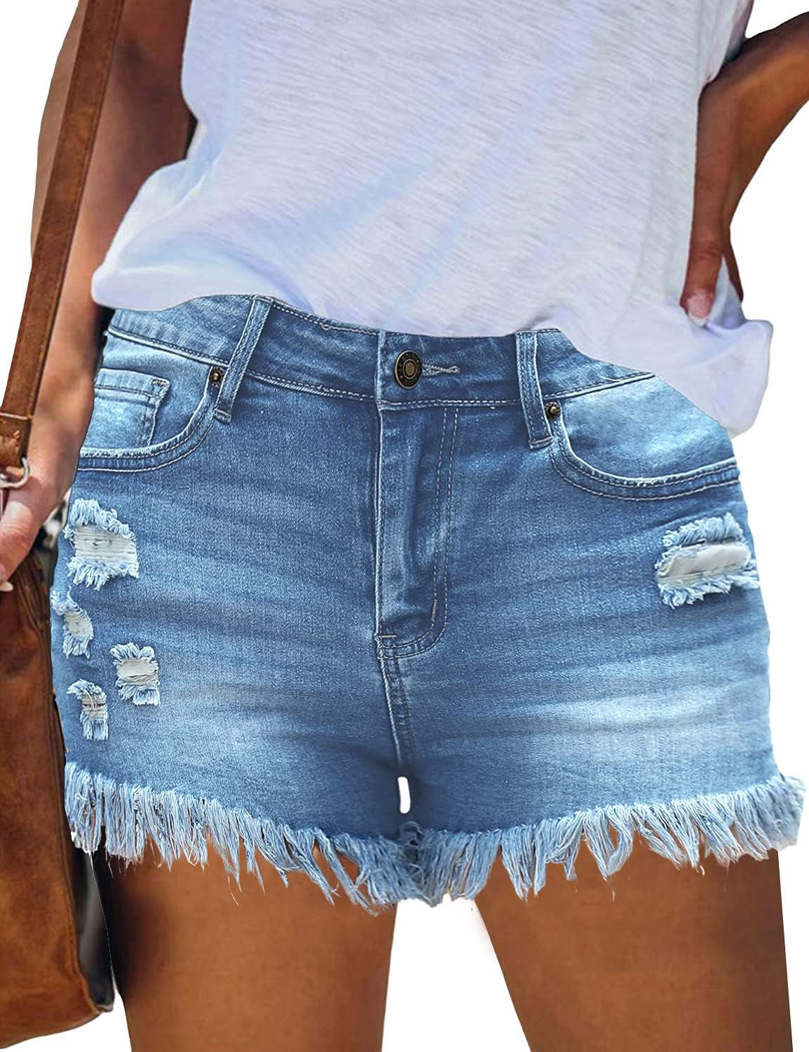 Womens Casual High Waisted Denim Shorts Stretchy Ripped Raw Hem Jean Shorts