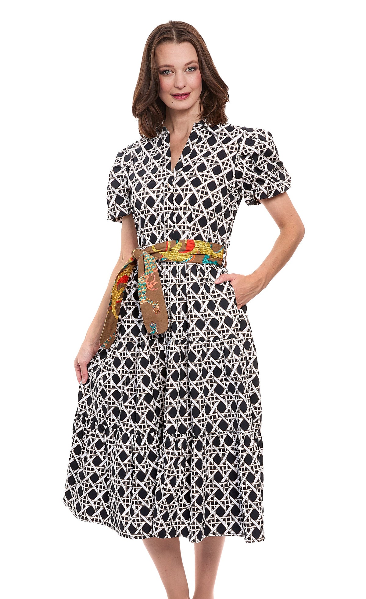 Litchfield Dress Black and White Wicker Print Cotton Stretch Poplin