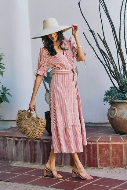 SO ME Stripe Textured Short Sleeves Lined Wrap Midi Dres
