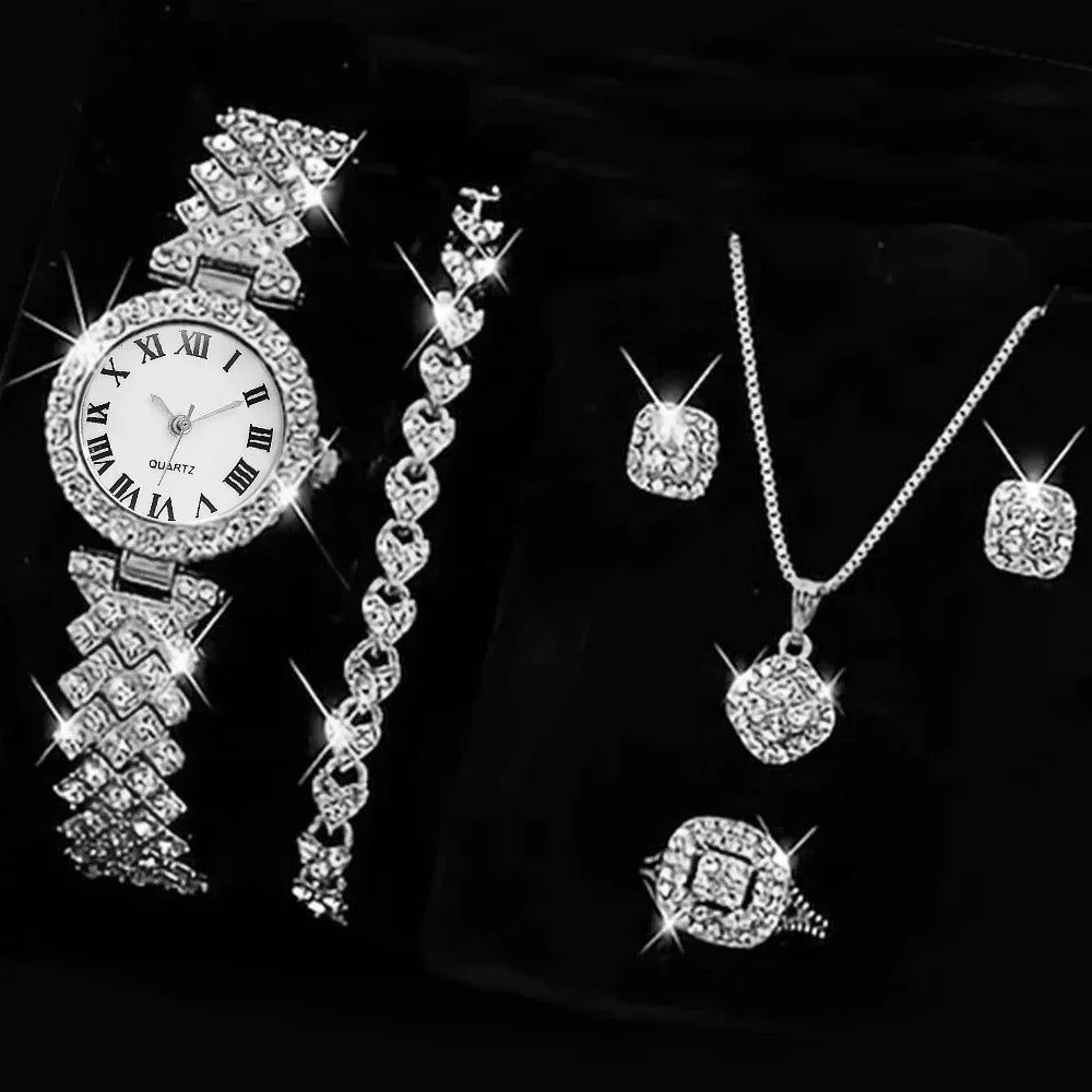 5PCS Set Watch Women Ring Necklace Earrings Rhinestone Fashion Wristwatch Female Casual Ladies Watches Bracelet Set Clock Reloj
