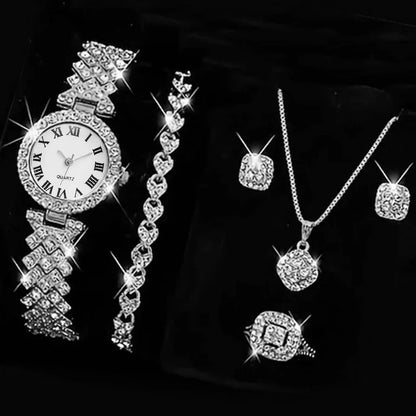5PCS Set Watch Women Ring Necklace Earrings Rhinestone Fashion Wristwatch Female Casual Ladies Watches Bracelet Set Clock Reloj