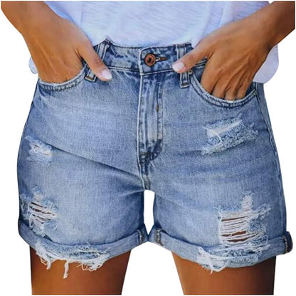 Denim Shorts for Women, Womens Pocket Solid Jeans Denim Hole Bottom Casual Shorts High Waist Wide-Leg Jeans Shorts for Summer, Light Blue, X-Large