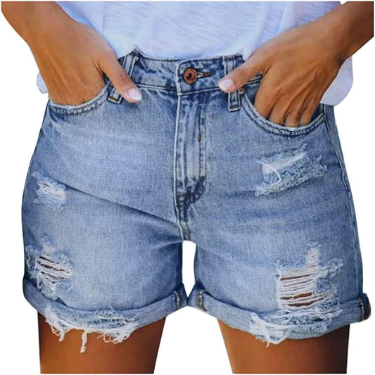 Denim Shorts for Women, Womens Pocket Solid Jeans Denim Hole Bottom Casual Shorts High Waist Wide-Leg Jeans Shorts for Summer, Light Blue, X-Large