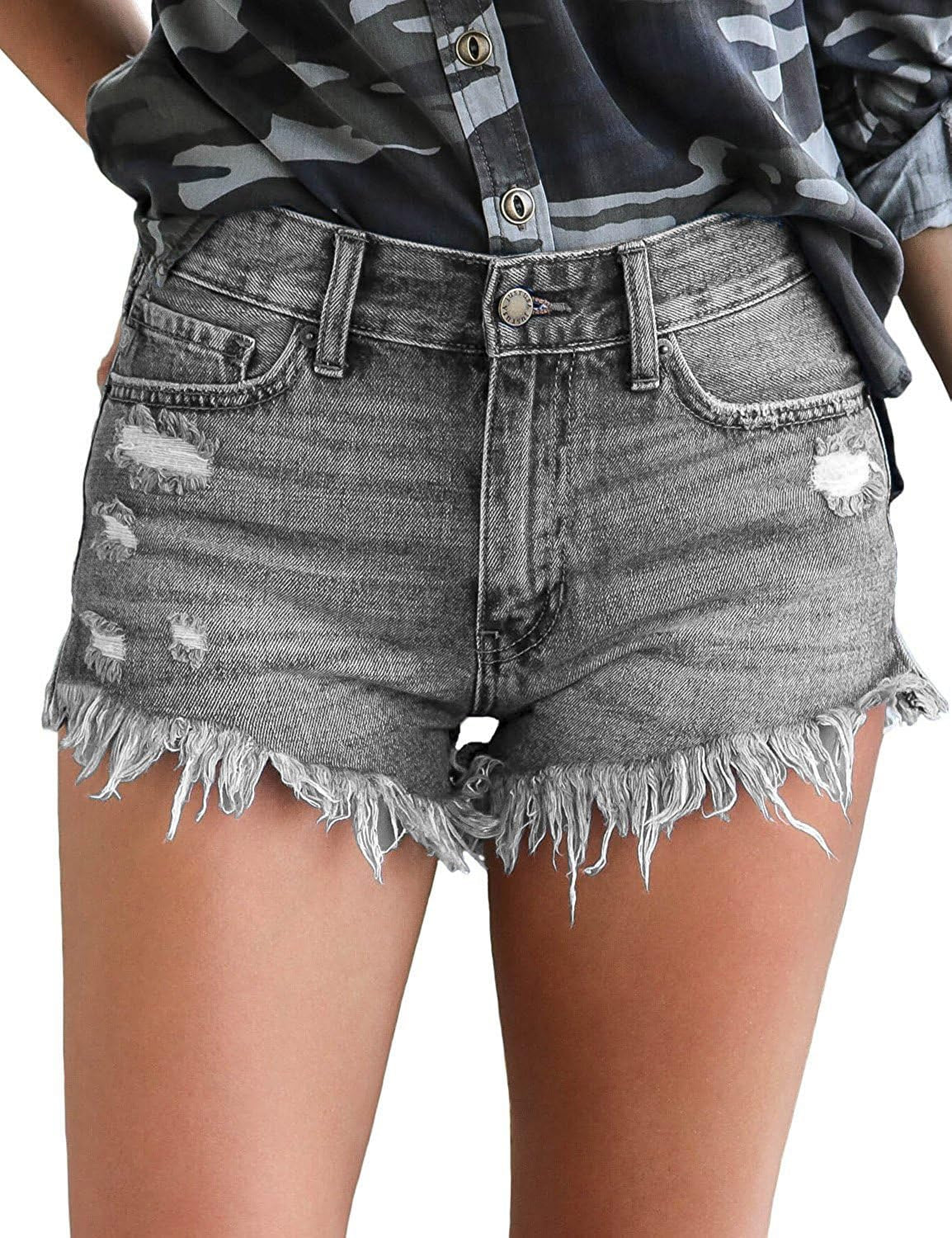 Women Casual High Waisted Denim Shorts Frayed Raw Hem Ripped Jeans Shorts