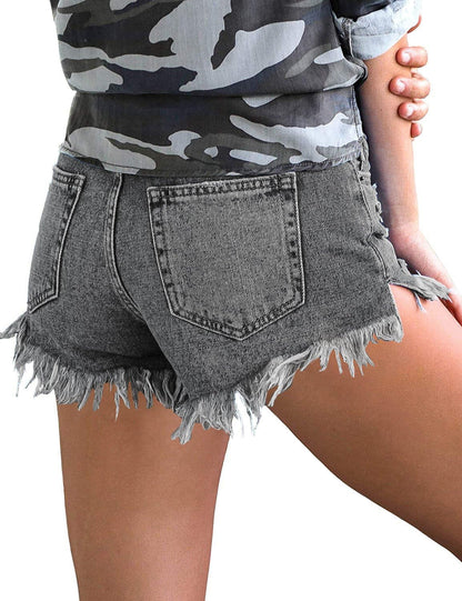 Women Casual High Waisted Denim Shorts Frayed Raw Hem Ripped Jeans Shorts