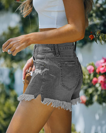 Women Casual High Waisted Denim Shorts Frayed Raw Hem Ripped Jeans Shorts