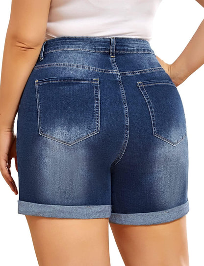 Women'S plus Size Denim Shorts High Waist Ripped Distressed Stretch Jean Shorts