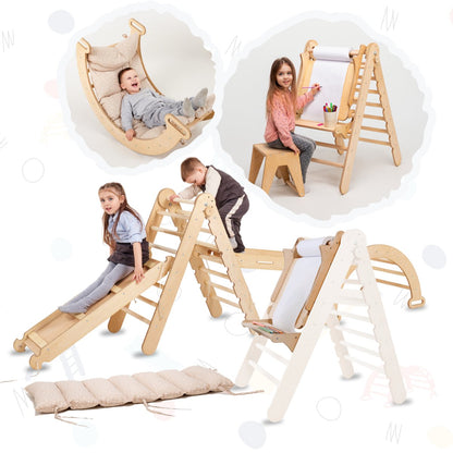 6in1 Montessori Climbing Frame Set: Triangle Ladder + Arch/Rocker + Slide/Ramp + Net + Cushion + Art Addition by Goodevas