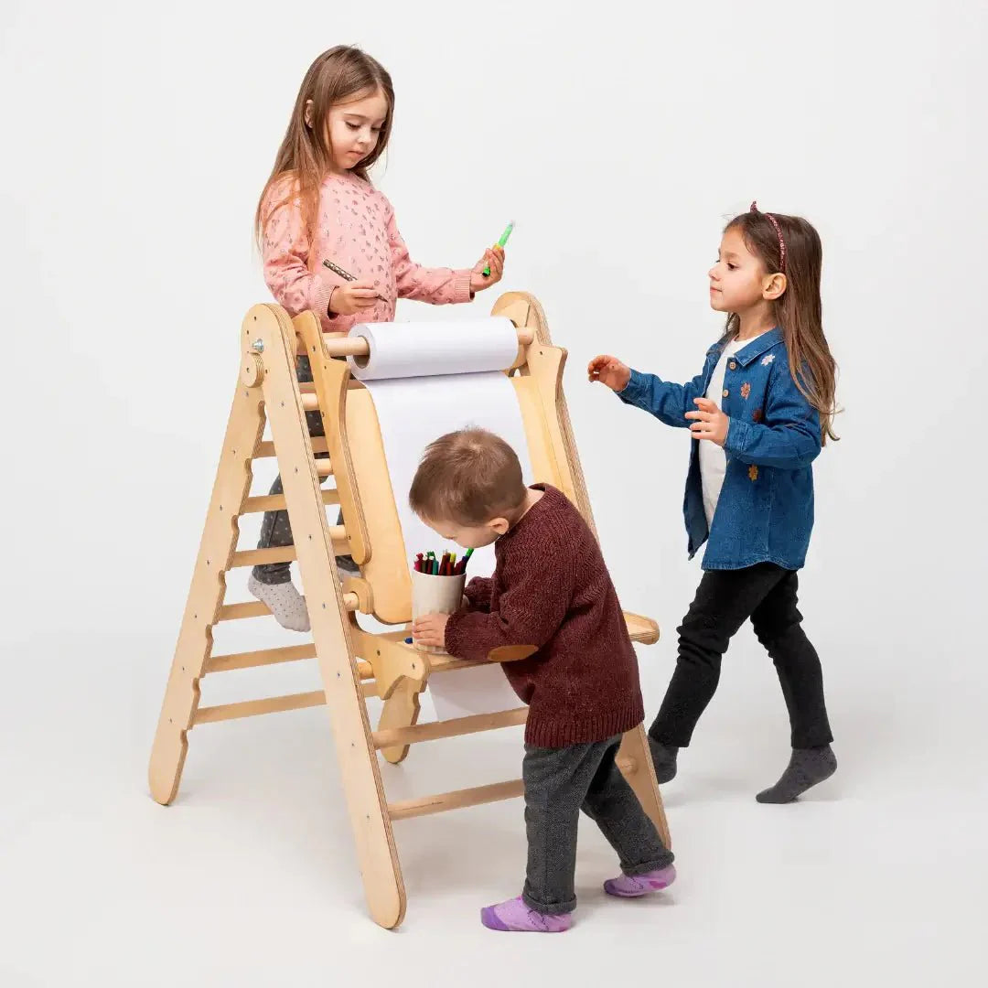 6in1 Montessori Climbing Frame Set: Triangle Ladder + Arch/Rocker + Slide/Ramp + Net + Cushion + Art Addition by Goodevas