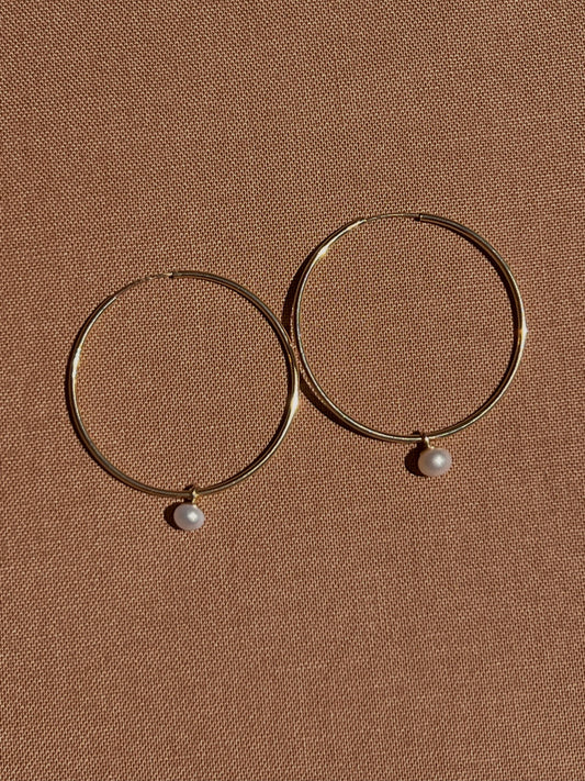 14K Yellow Gold Pearl Hoops by Toasted Jewelry