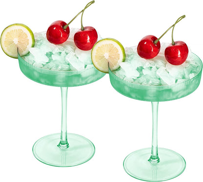 Green Ribbed Coupe Cocktail Glasses 8oz Set of 2