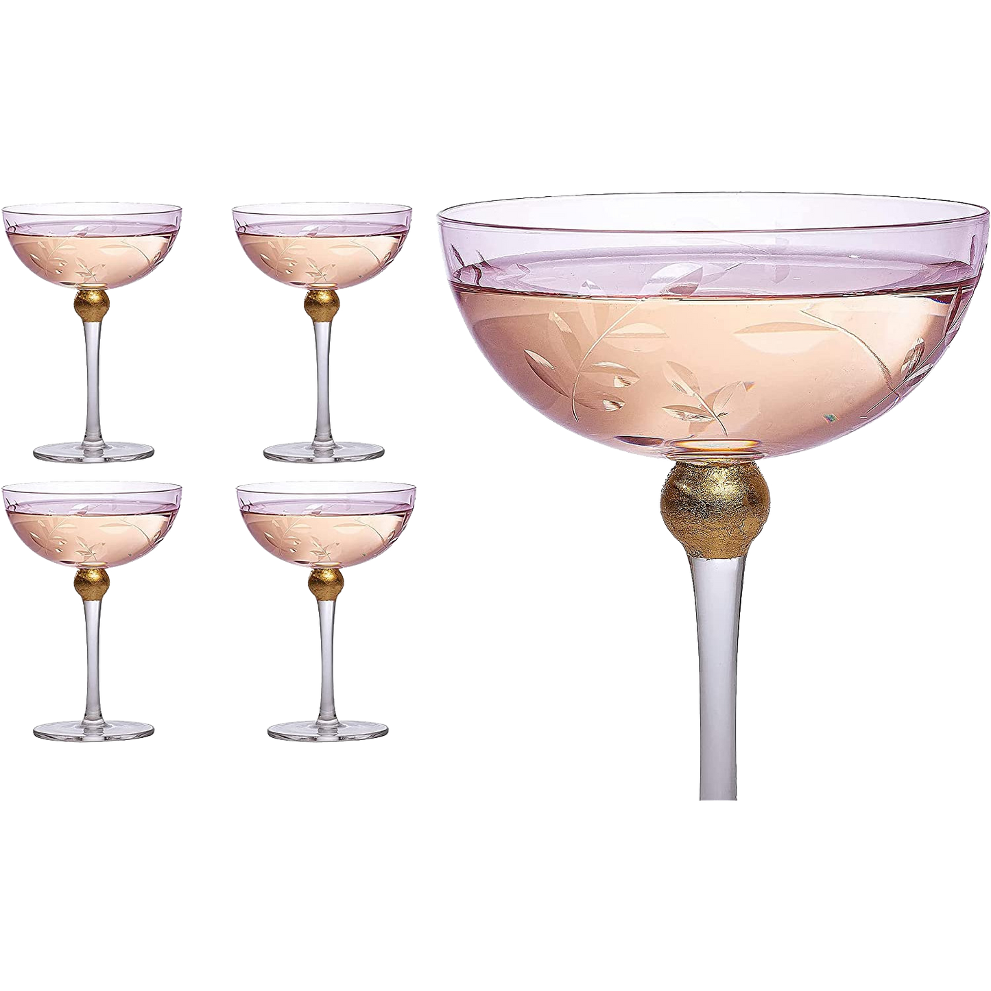 Pink Coupe Art Deco Glasses Gold 8oz Set of 4