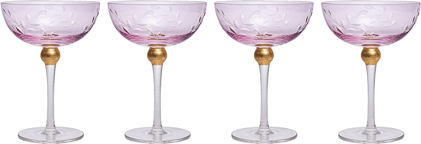 Pink Coupe Art Deco Glasses Gold 8oz Set of 4