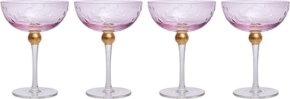 Pink Coupe Art Deco Glasses Gold 8oz Set of 4