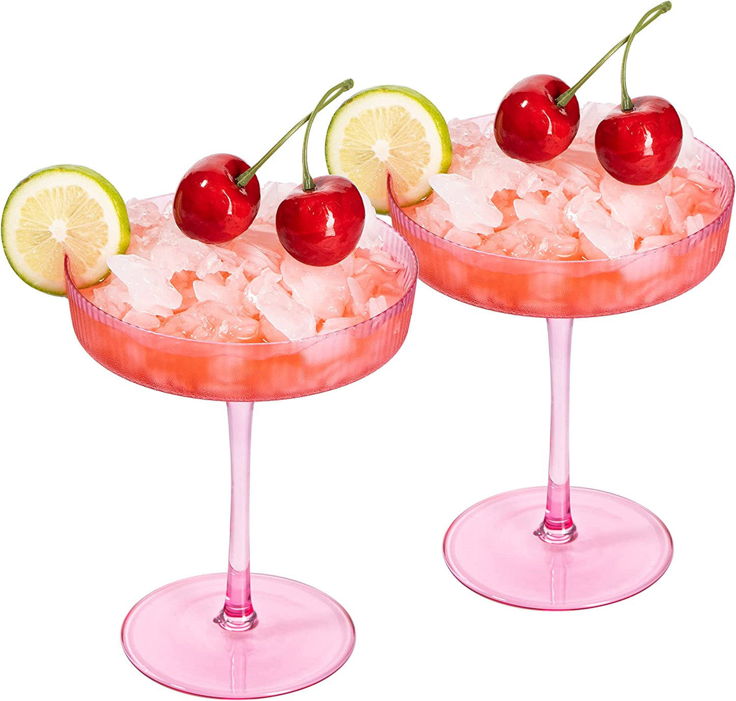 Pink Ribbed Coupe Glasses 8oz Set of 2