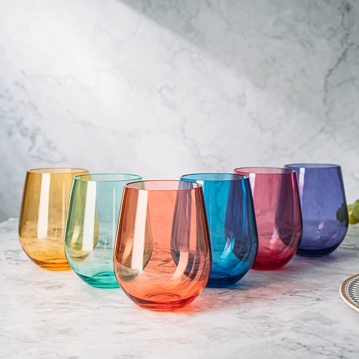 Colored Shatterproof Stemless Wine Glass 15oz Set of 6