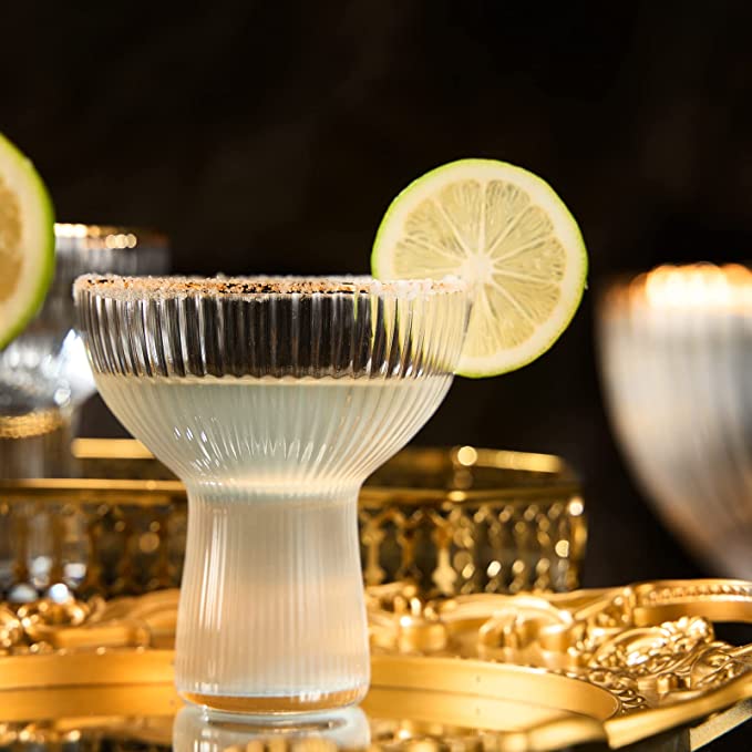 Ribbed Margarita Glasses with Gold Rim 10oz Set of 4