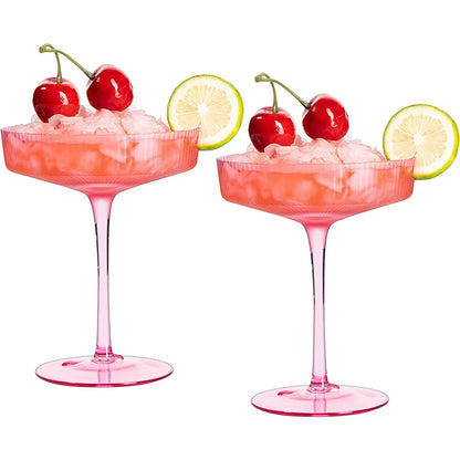 Pink Ribbed Coupe Glasses 8oz Set of 2