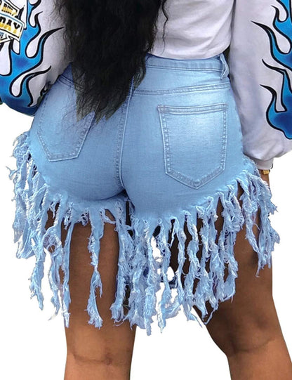 Women High Waist Denim Shorts Frayed Raw Tassel Hem Stretch Hot Jean Shorts