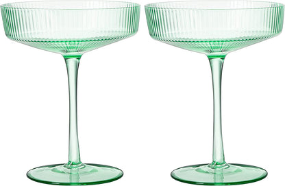 Green Ribbed Coupe Cocktail Glasses 8oz Set of 2