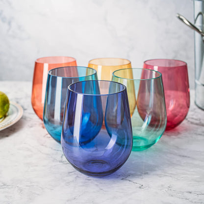 Colored Shatterproof Stemless Wine Glass 15oz Set of 6