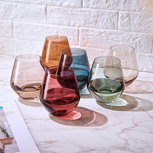 Pastel Colored Stemless Crystal Wine Glass Set of 6