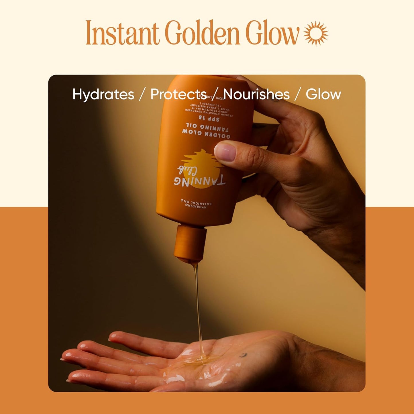 Golden Glow Tanning Oil with SPF 15 - Lightweight Hydrating Sunscreen with Coconut, Carrot, and Shea Butter - Water and Sweat Resistant (80 Minutes) - 150 Ml