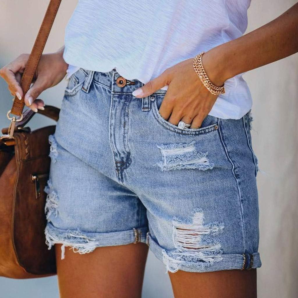 Denim Shorts for Women, Womens Pocket Solid Jeans Denim Hole Bottom Casual Shorts High Waist Wide-Leg Jeans Shorts for Summer, Light Blue, X-Large