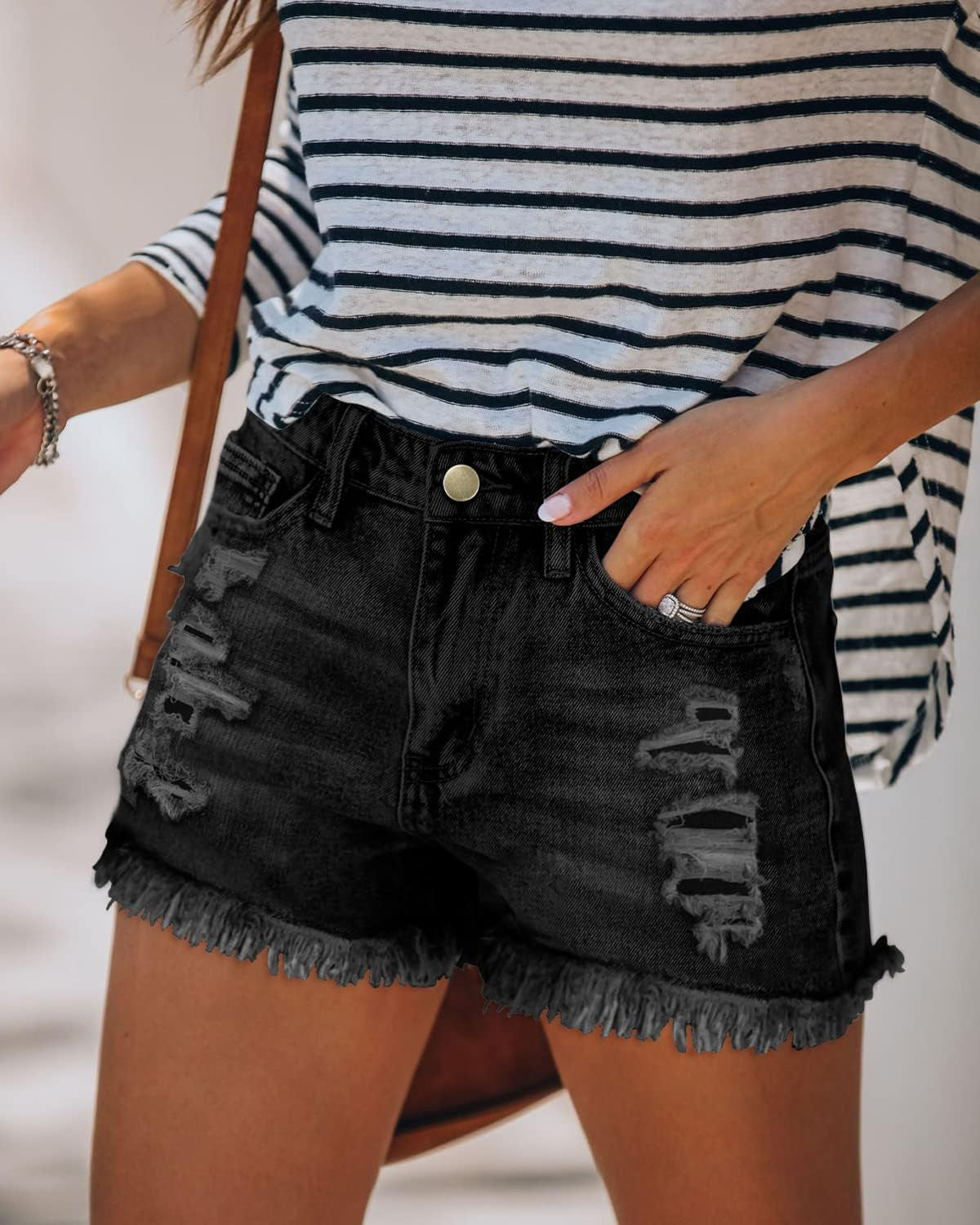 Women'S Denim Shorts Mid Waist Ripped Distressed